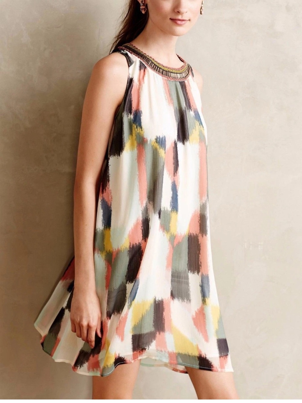 Anthropologie HD in Paris Beaded Brushstroke Chiffon Swing Shift Dress Size 6